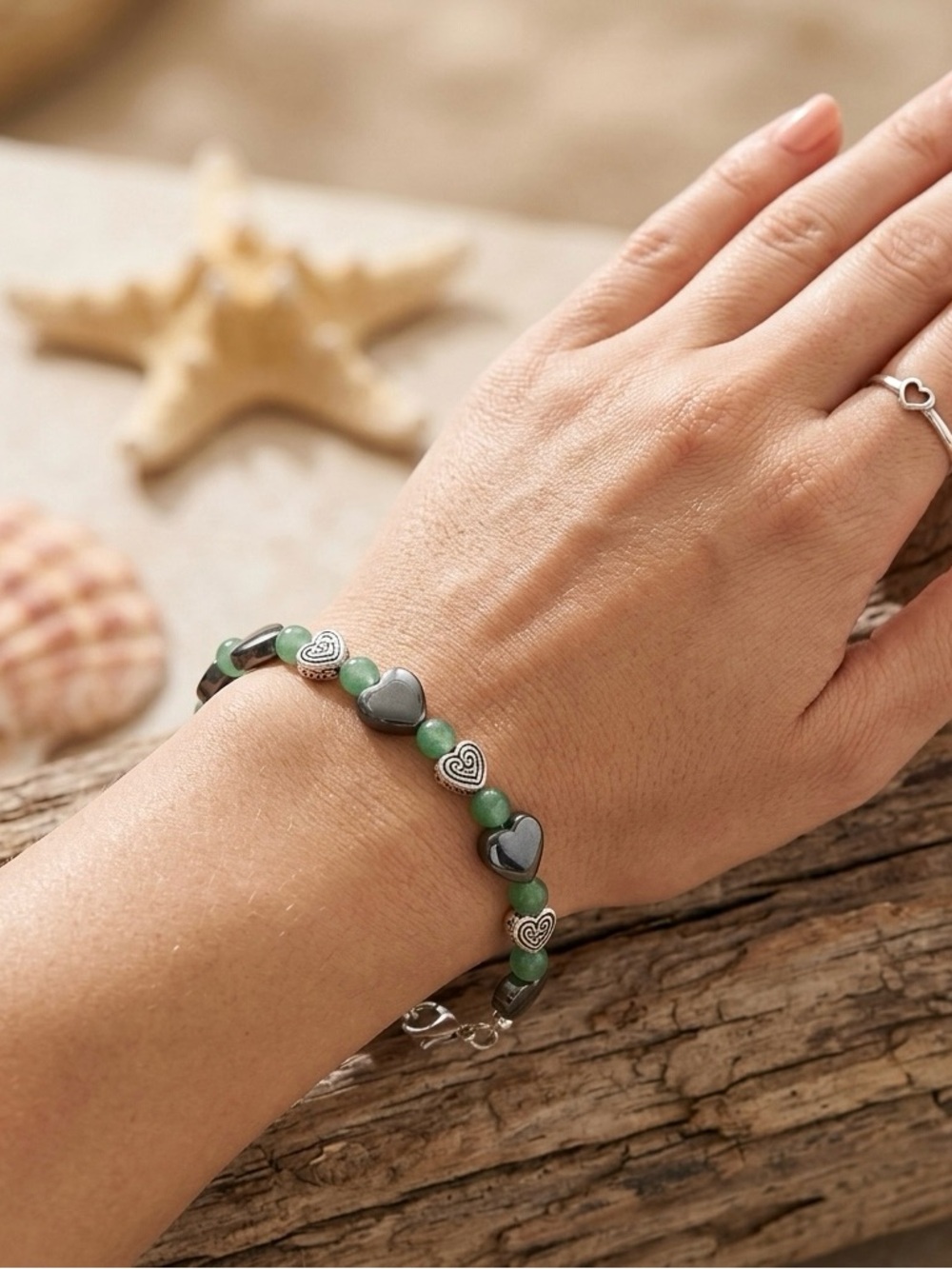 Genuine Green Aventurine & Hematite Heart Bracelet - Guard Your Heart